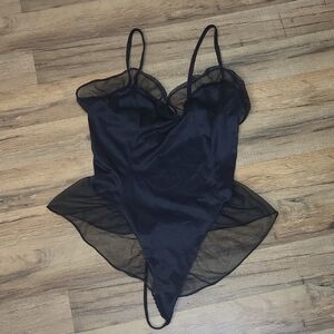 Vtg 80s LADY CAMEO DALLAS Black Nylon Ruffle Neckline & Hip Thong Teddy